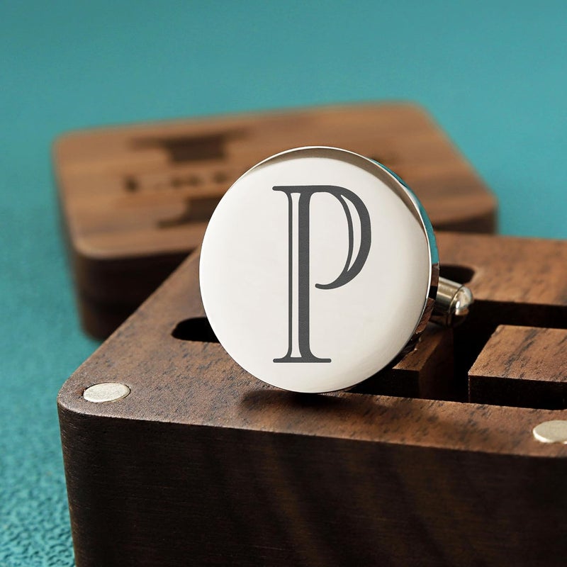 SeemDanten Mens Classic Initial Cuff links A-Z Alphabet 26 Letters Stainless Steel Silver CuffLinks with Engraved Walnut Wood Gift Box Business Wedding Set - Image 4